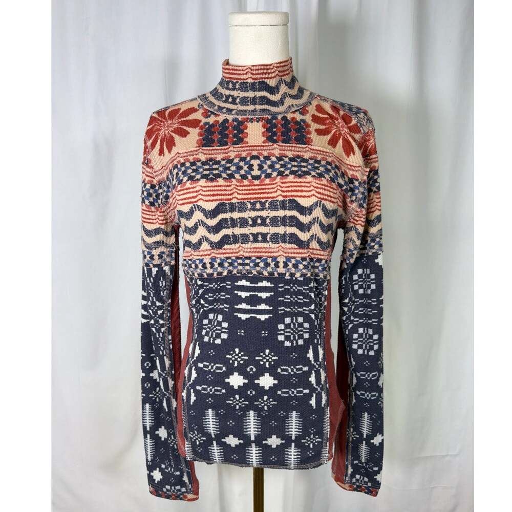 Free People We The Free Mixed Fair Isle Thermal Mock Neck Layer Top Medium EUC